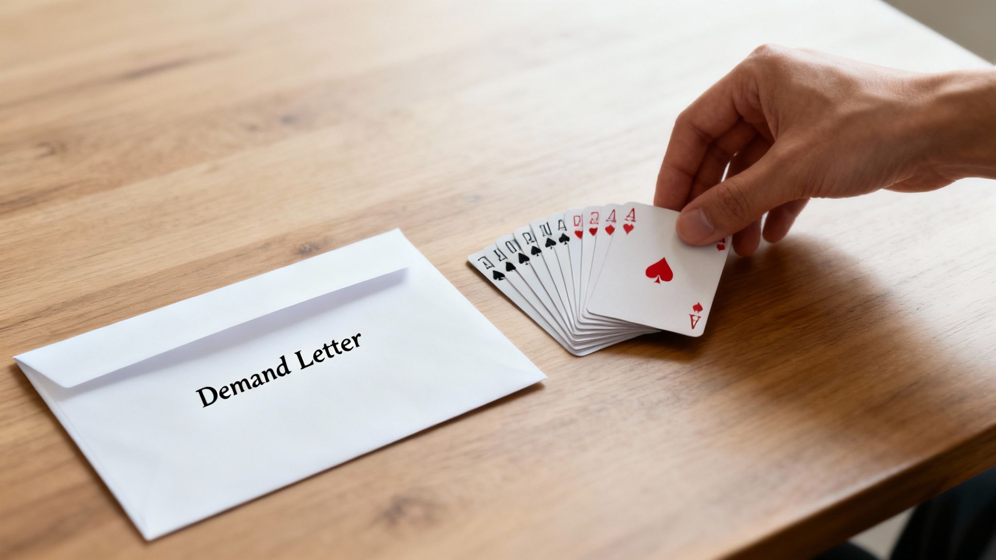 A hand holds a fanned deck of playing cards next to a white envelope labeled 'Demand Letter' on a wooden table.
