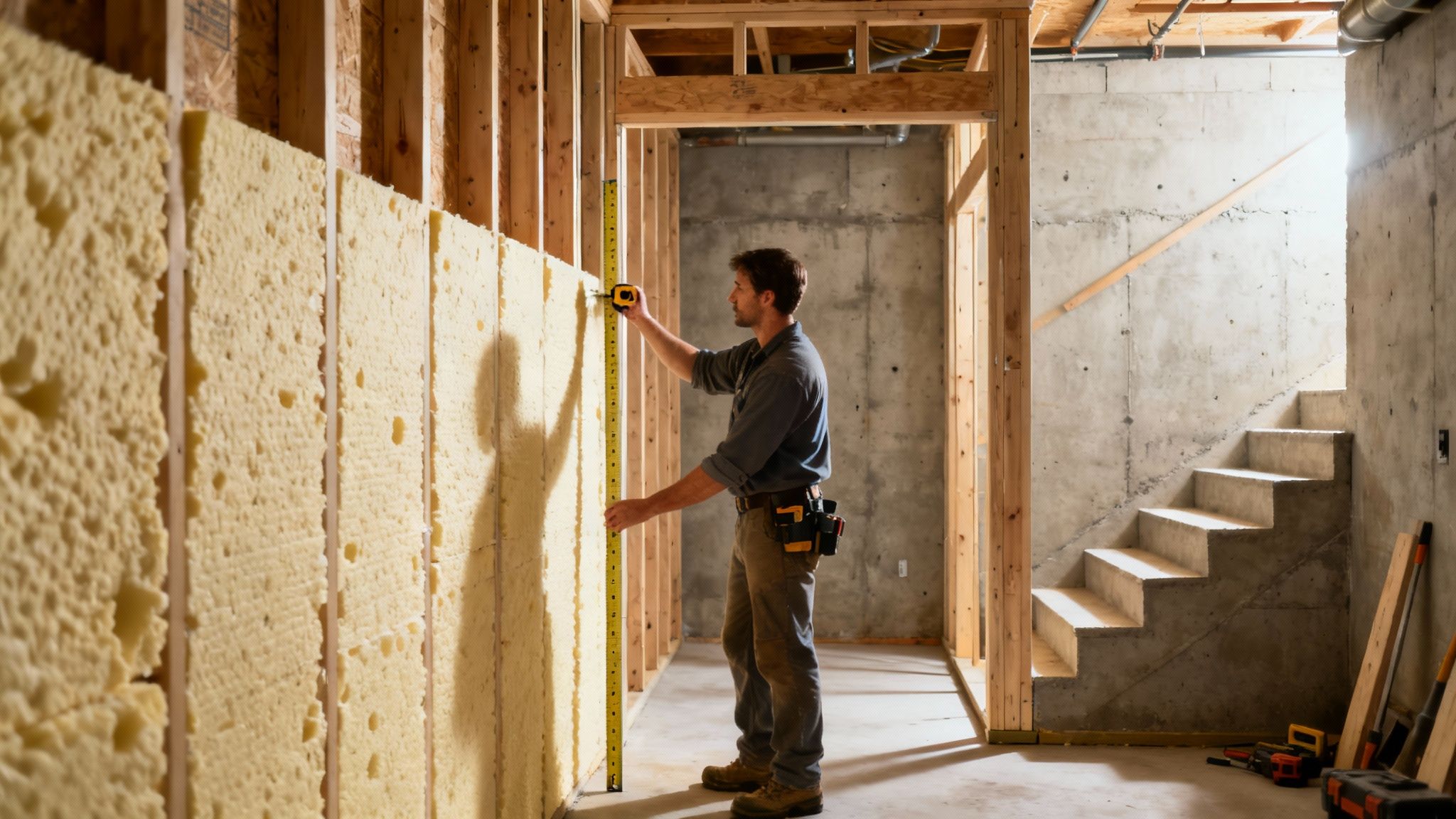 A partially framed basement showing insulation and electrical wiring.