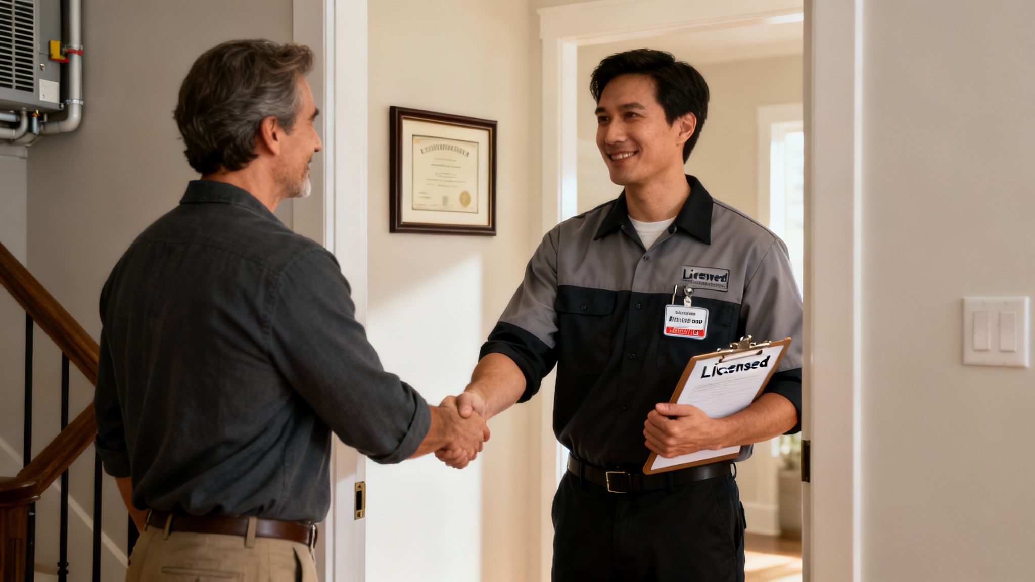 A smiling licensed HVAC technician in uniform shakes hands with a homeowner at a doorway.