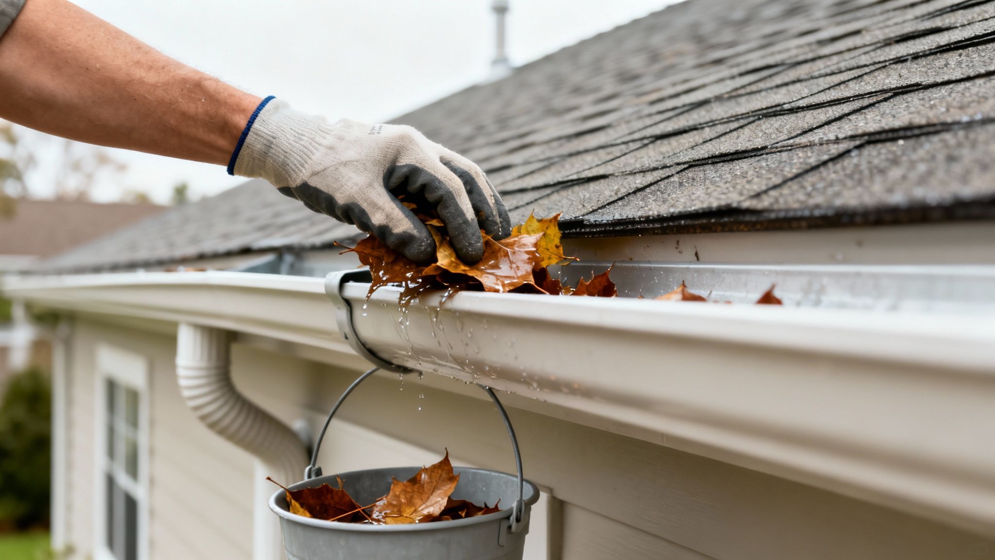 Gloved hand cleaning a house gutter filled with wet autumn leaves into a hanging bucket.