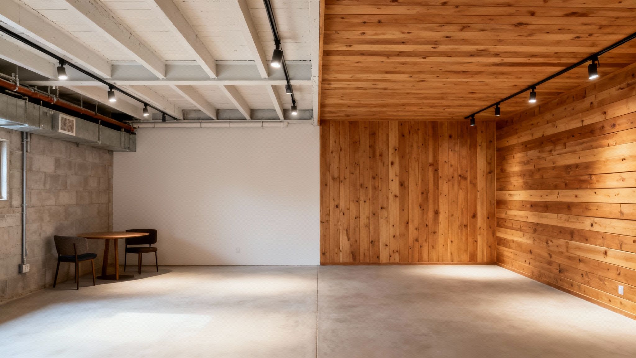 Modern basement interior showcasing concrete walls, exposed white beam ceiling, and warm wood-paneled sections.
