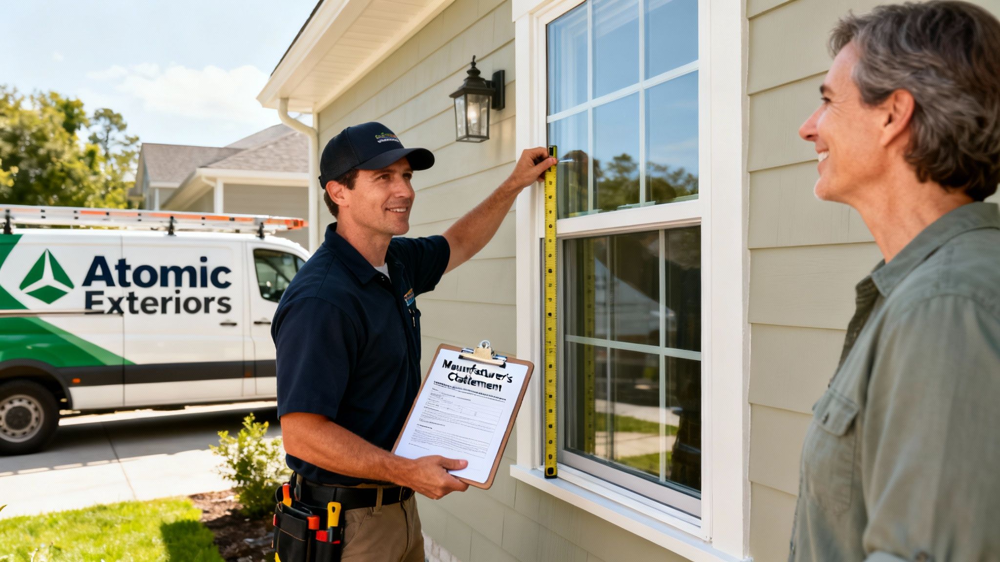 A smiling Atomic Exteriors technician measures a window on a house as a happy homeowner watches.
