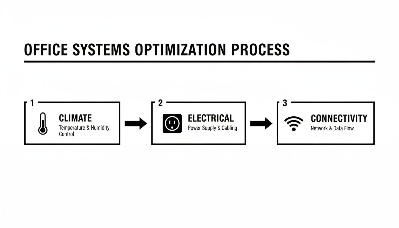Flowchart outlining a 3-step office systems optimization process: Climate, Electrical, and Connectivity.
