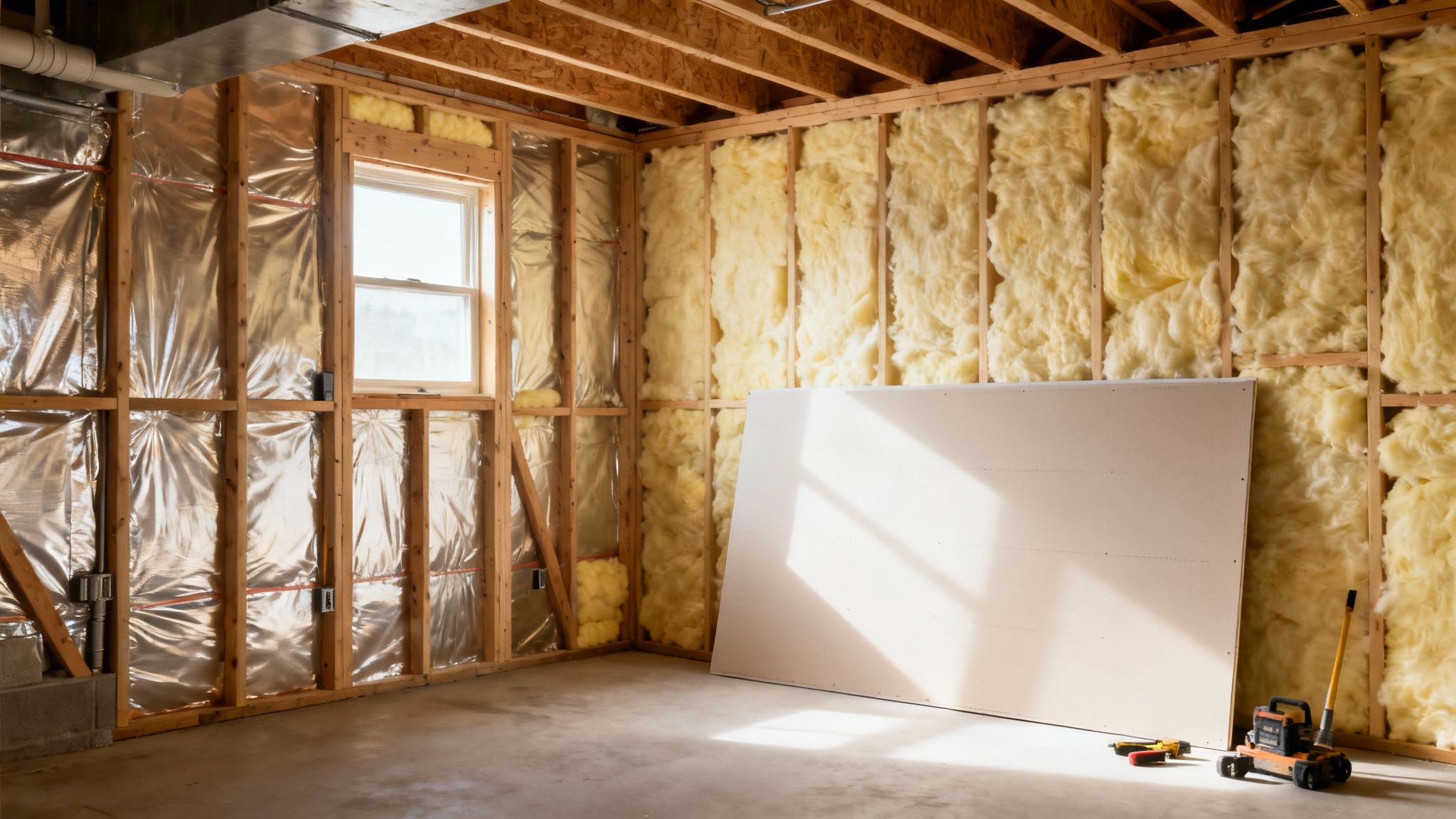 A basement under construction showing wooden framing, insulation, a window, and a drywall sheet leaning.