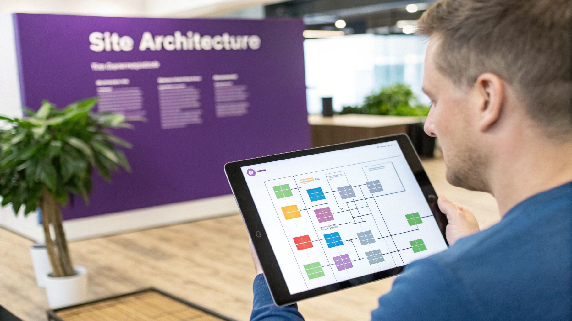 A man views a site architecture diagram on a tablet in a modern office environment.