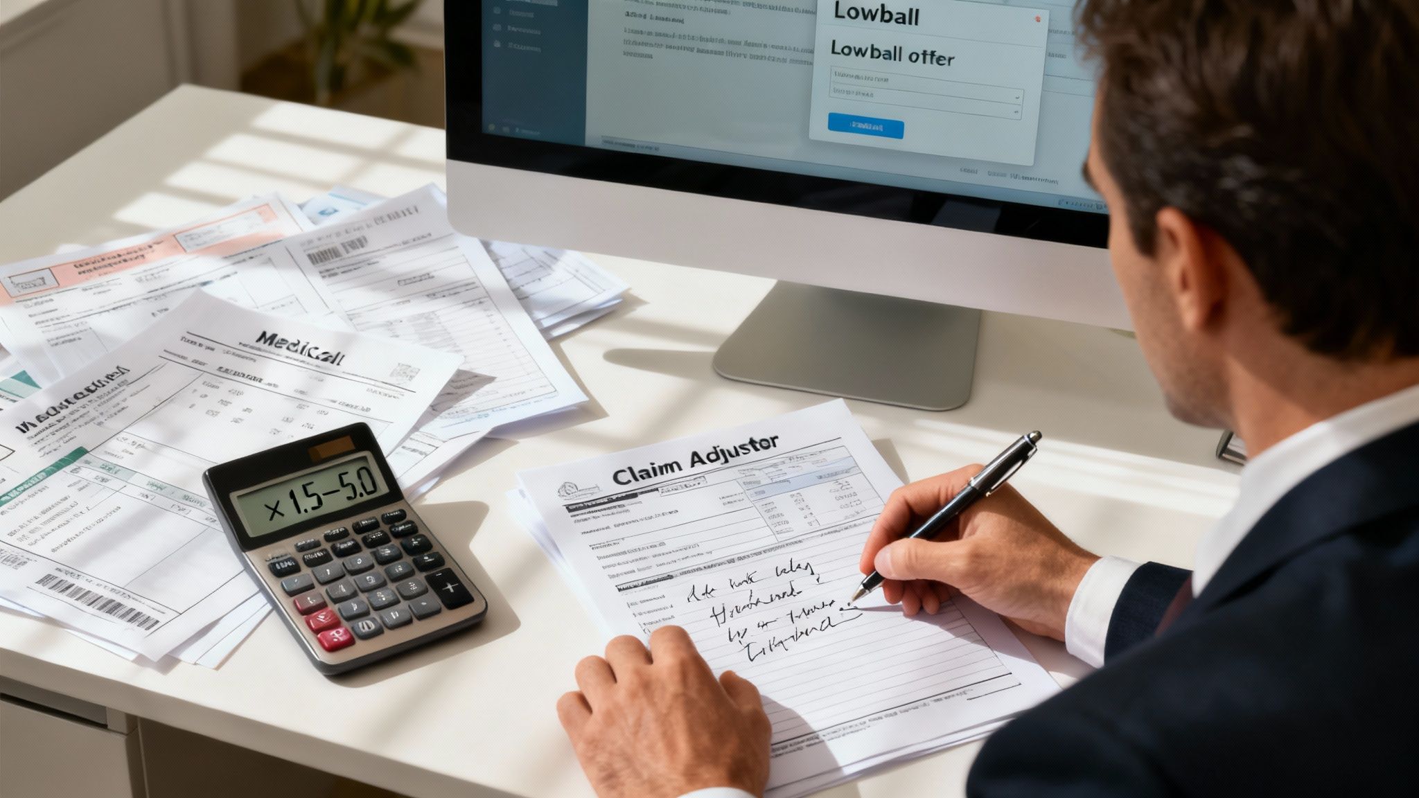 An insurance adjuster reviewing claim documents at a desk.
