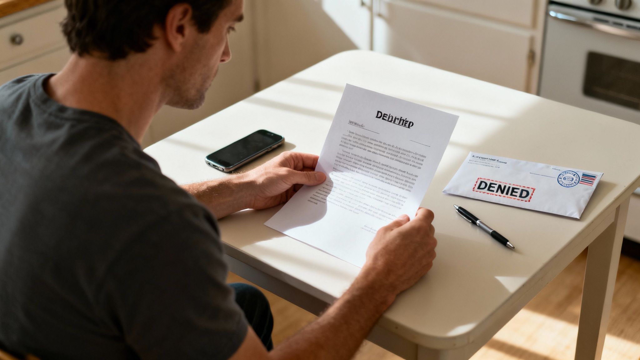 Man reading workers compensation claim denial letter at kitchen table with phone and pen