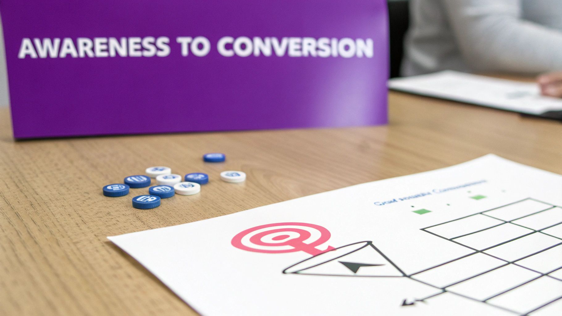 A table with a purple sign 'Awareness to Conversion,' game tokens, and a paper showing a marketing funnel.