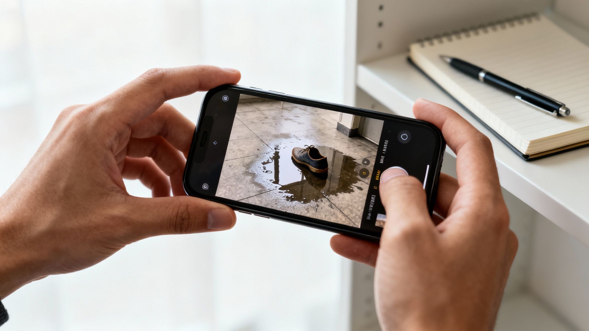 Hands holding a smartphone taking a picture of a single wet shoe in a puddle on a tiled floor.