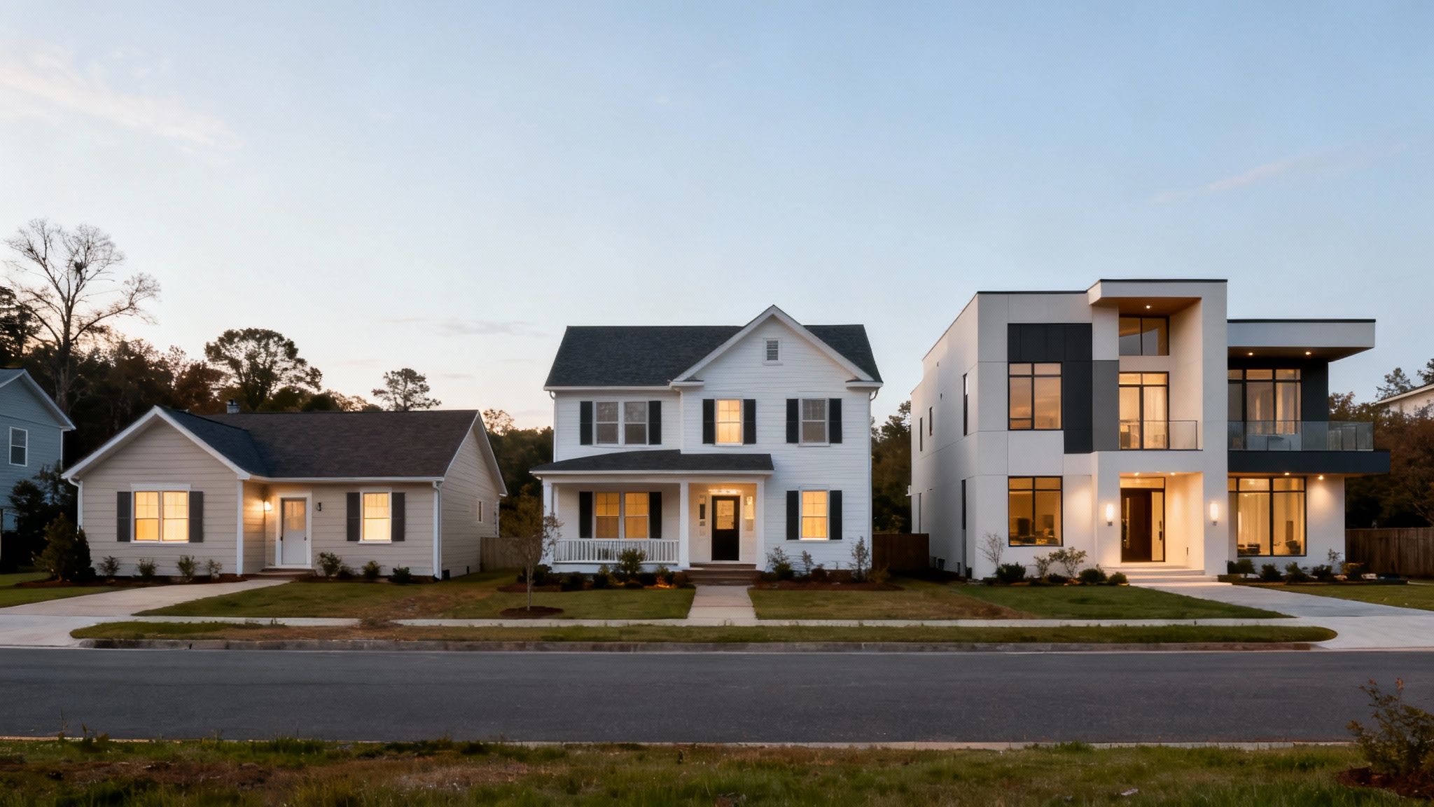 Three distinct houses, ranging from traditional to modern, illuminated at dusk along a street.