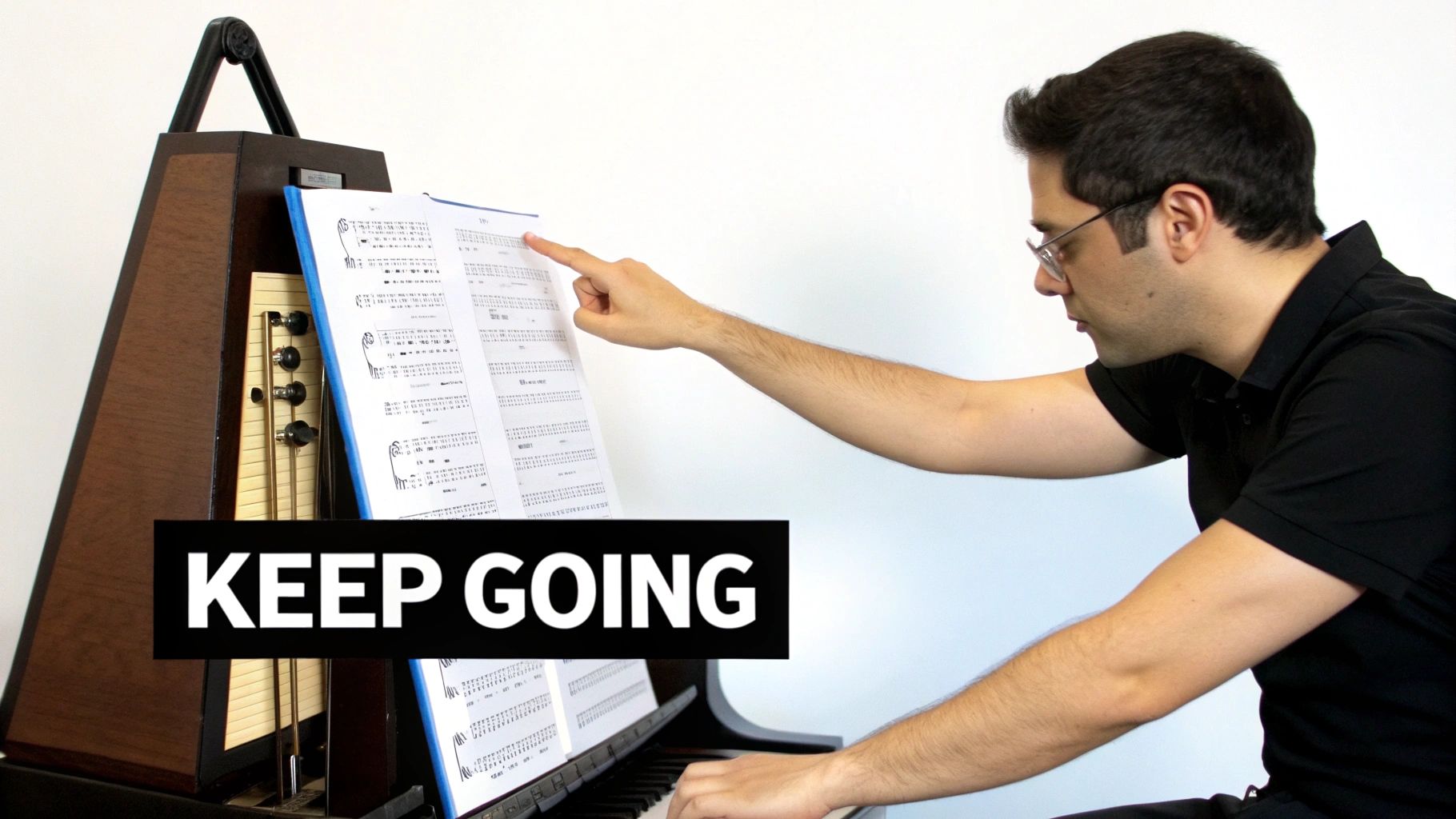 Man practices piano using sheet music, pointing to notes, with a metronome and "KEEP GOING" text.