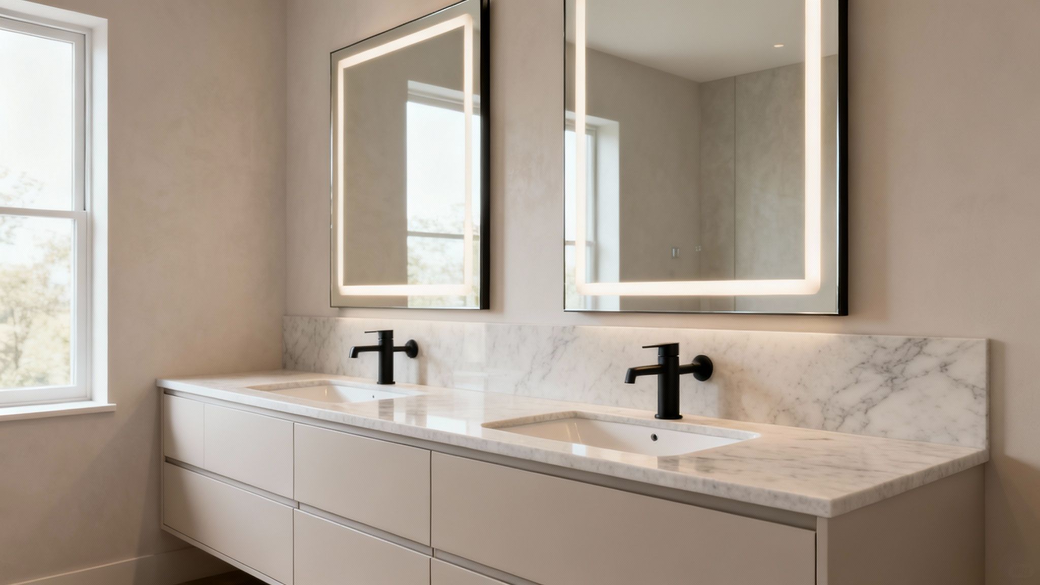 Modern double vanity bathroom with two lighted mirrors, black faucets, marble countertop, and light cabinets.
