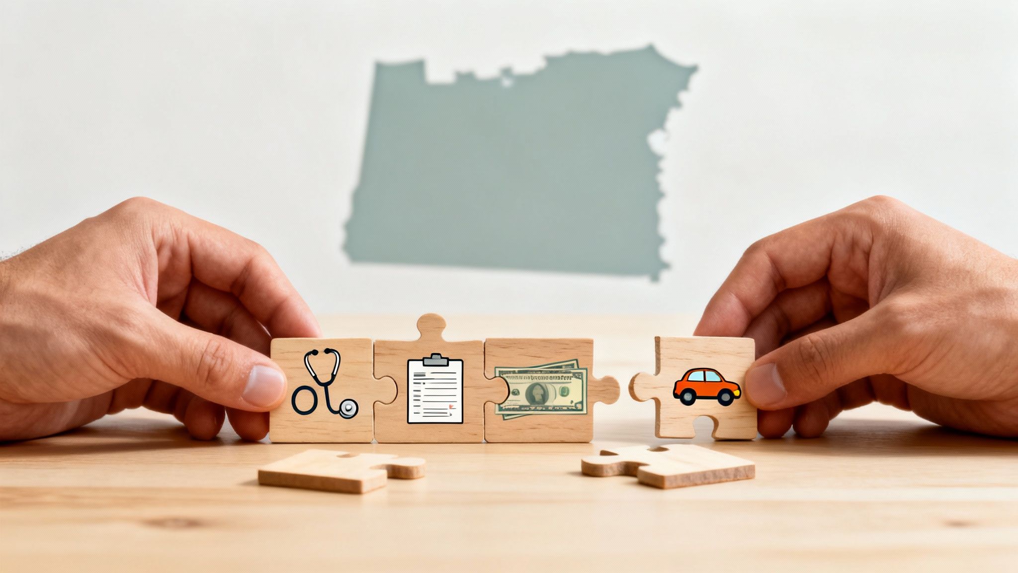 Hands connect puzzle pieces representing medical, policy, money, and car services, with Oregon map in background.