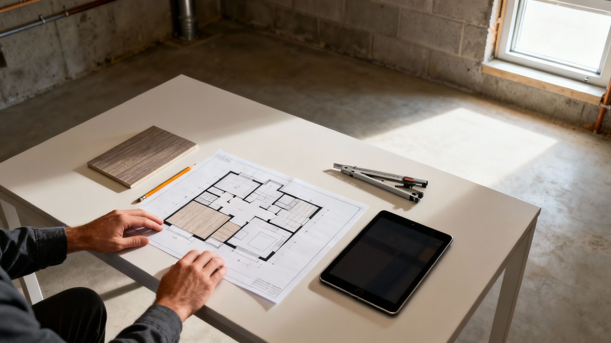 Architect planning a basement renovation, studying blueprints with material samples and a tablet.