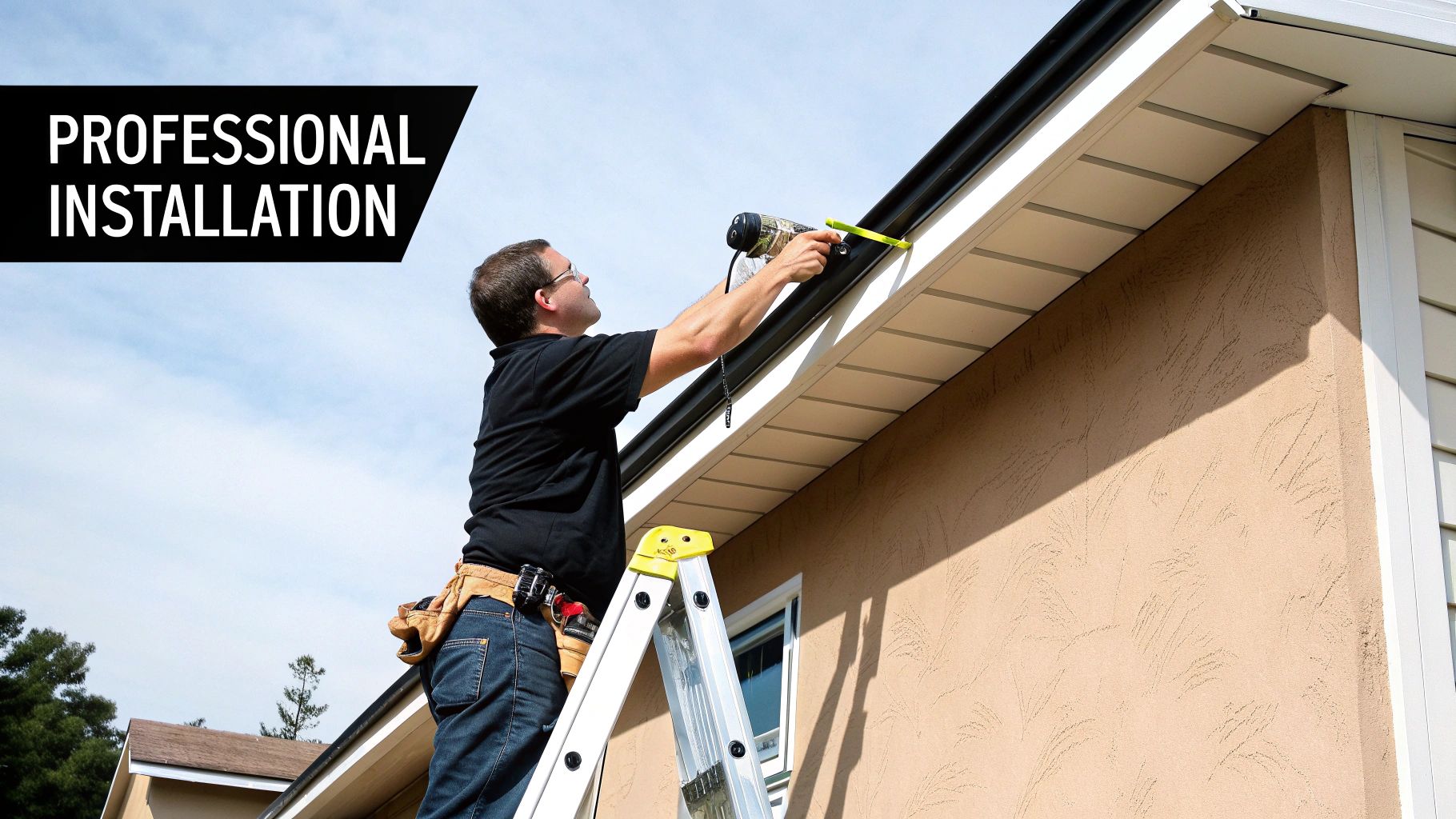 A man on a ladder performing professional gutter installation on the side of a house.