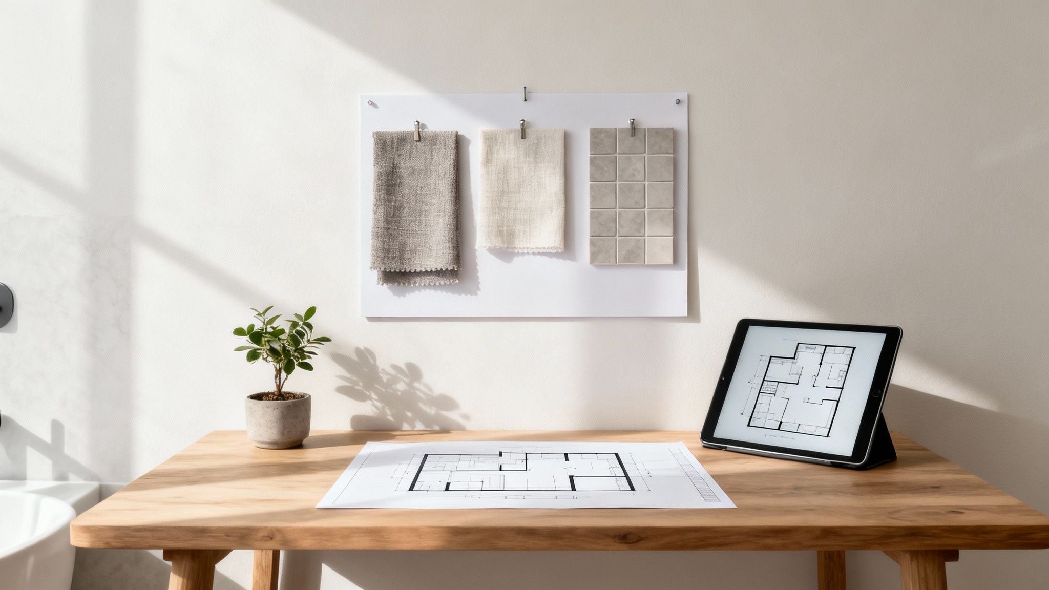 Mood board with tile samples, paint swatches, and fixture photos for a bathroom remodel.