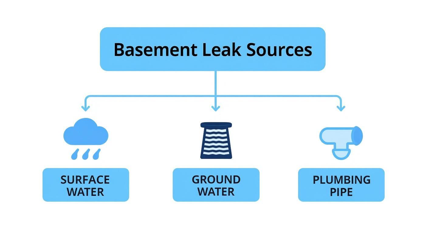 Diagram illustrating common basement leak sources: surface water, ground water, and plumbing pipes.
