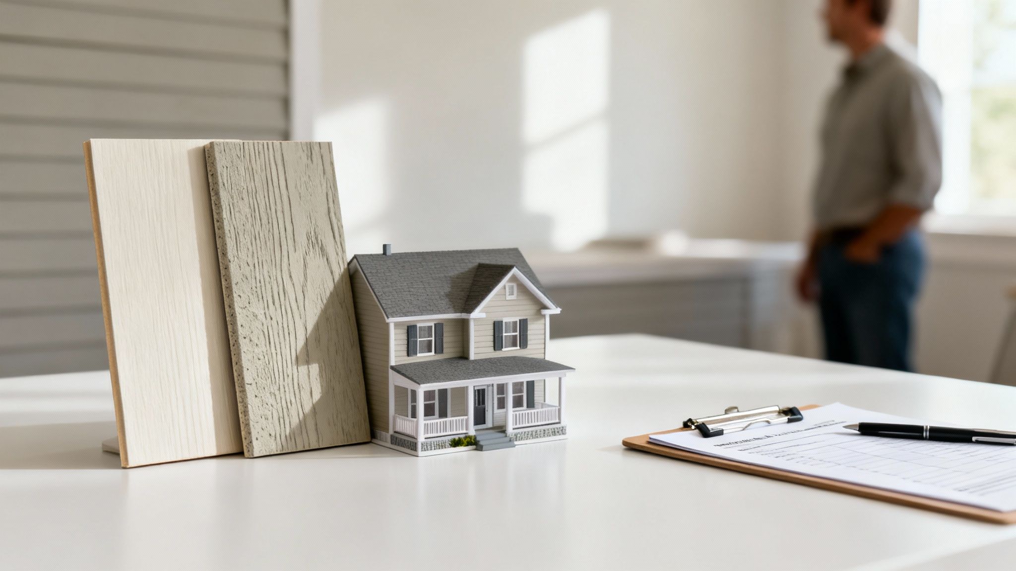 Miniature house model with building material samples and a clipboard on a table.