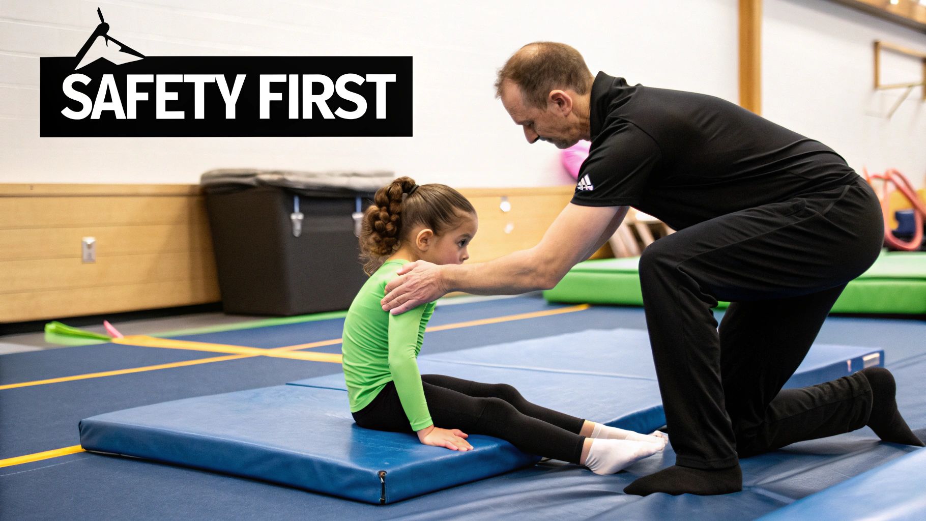 A gymnastics coach assists a young girl on a mat, emphasizing safety first in a gym.