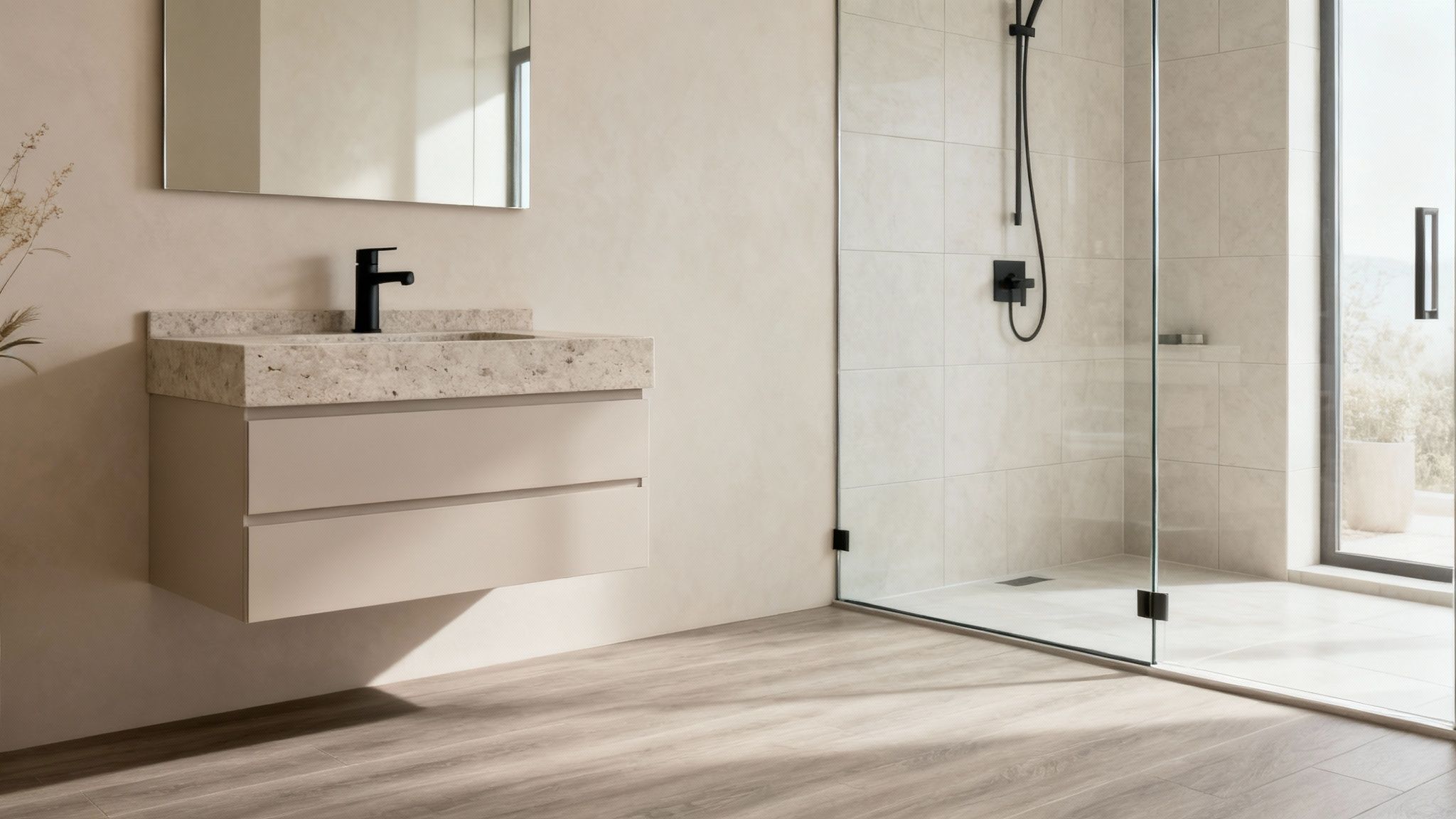 Modern bathroom with a floating beige vanity, stone sink, black faucet, and glass walk-in shower.
