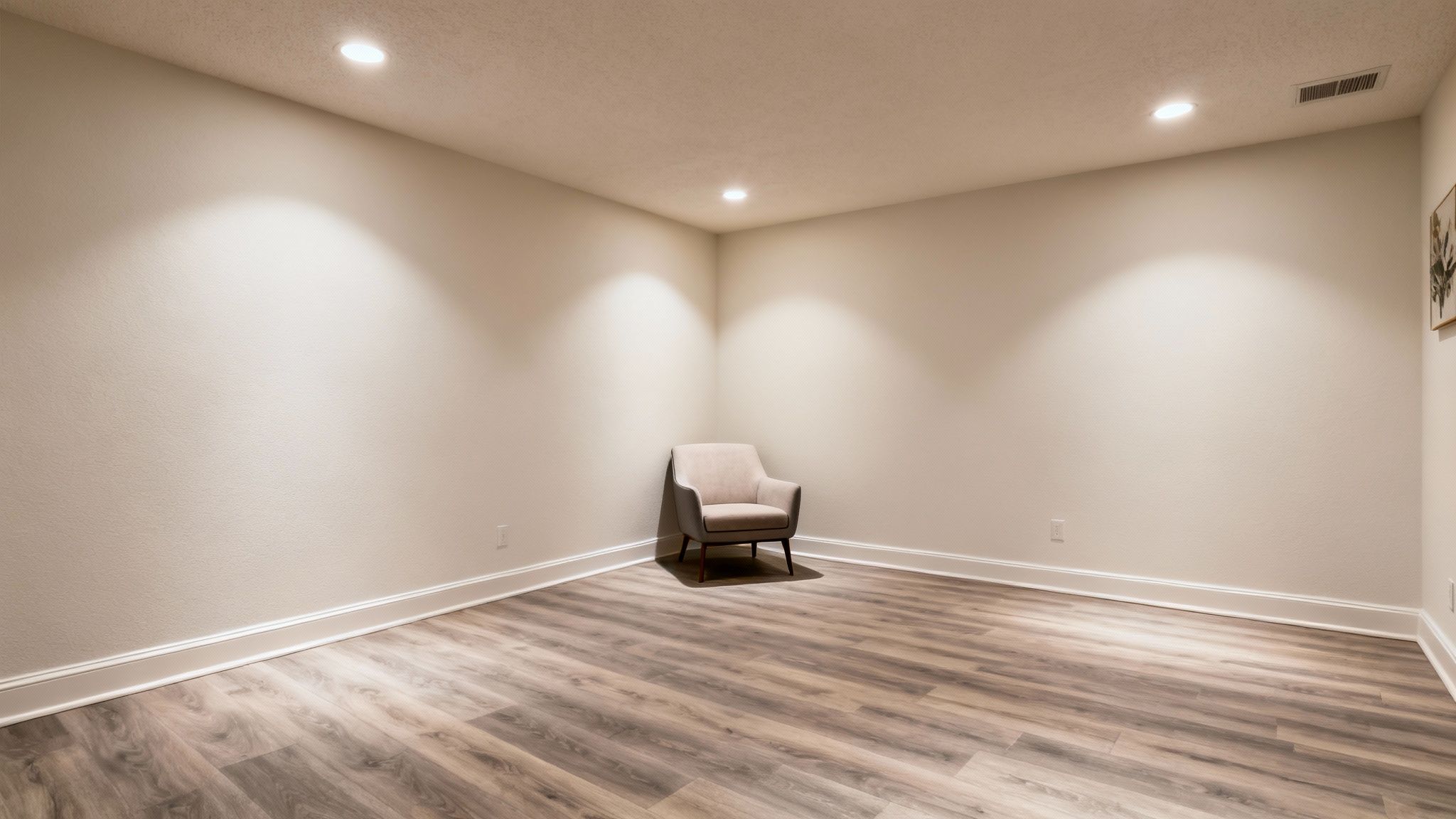 A cozy, empty basement room with light walls, wood-look flooring, and a single armchair.