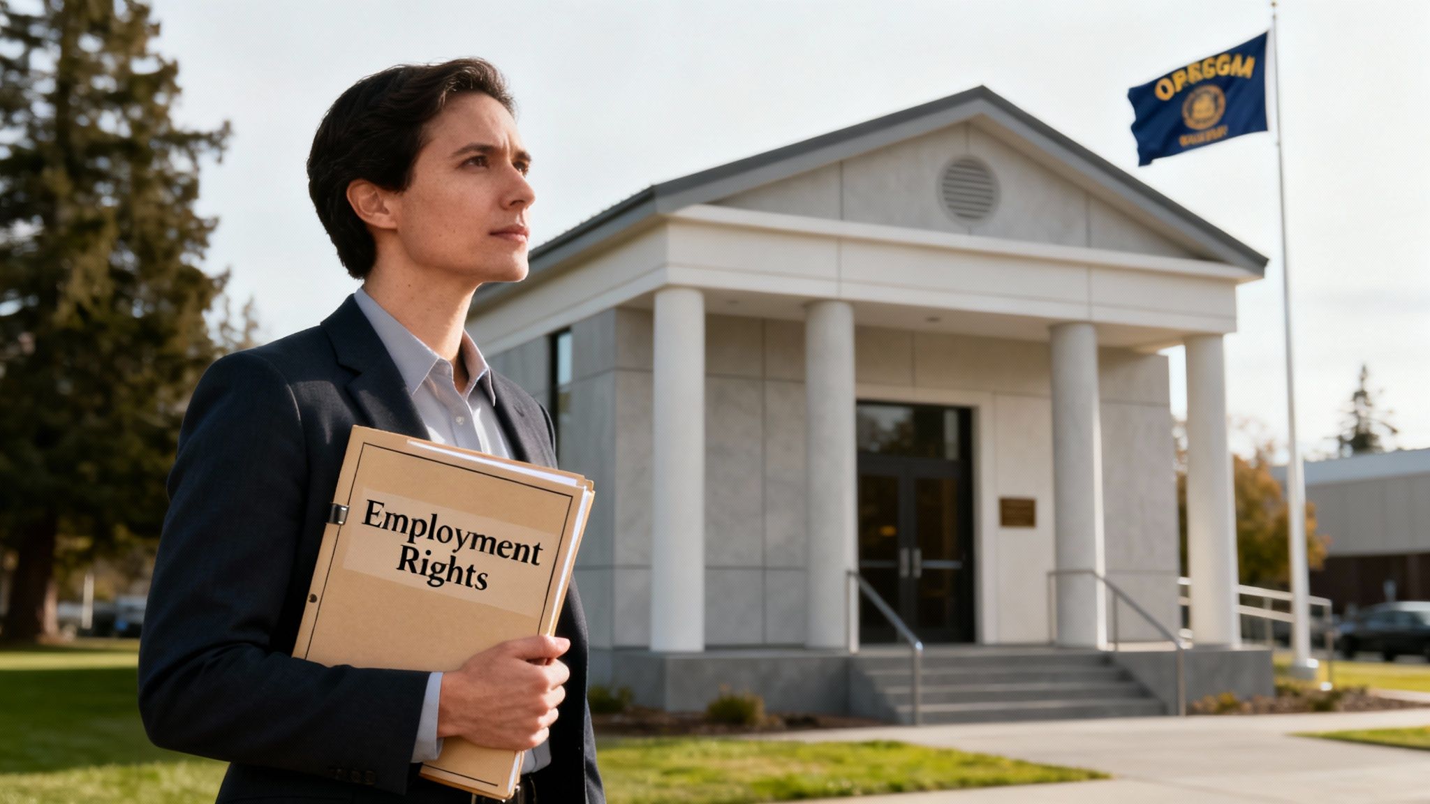 A person in a suit holds an 'Employment Rights' folder outside a government building, looking determined.