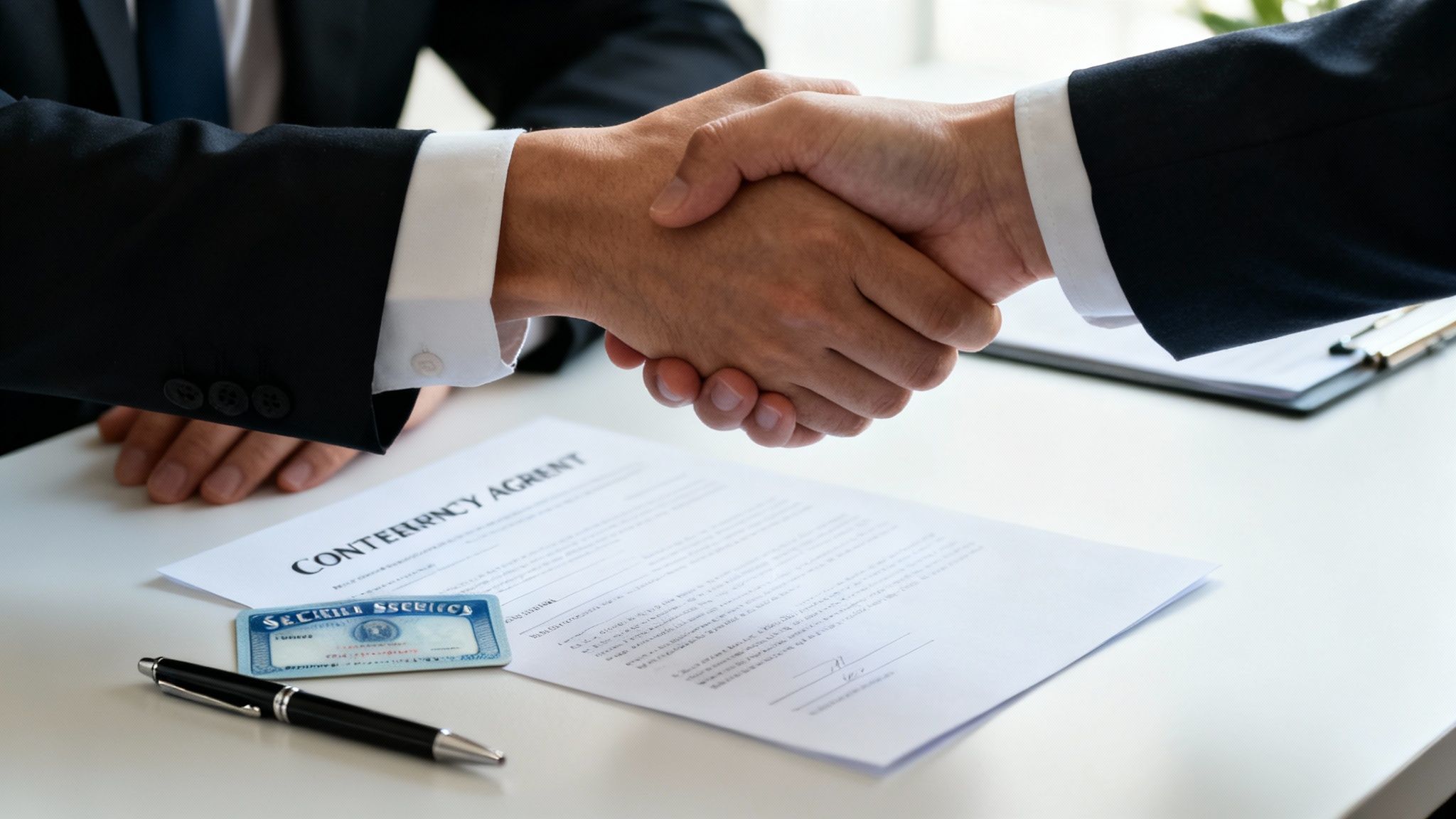 Two businesspeople in suits shake hands over a table with a contract and identification card.