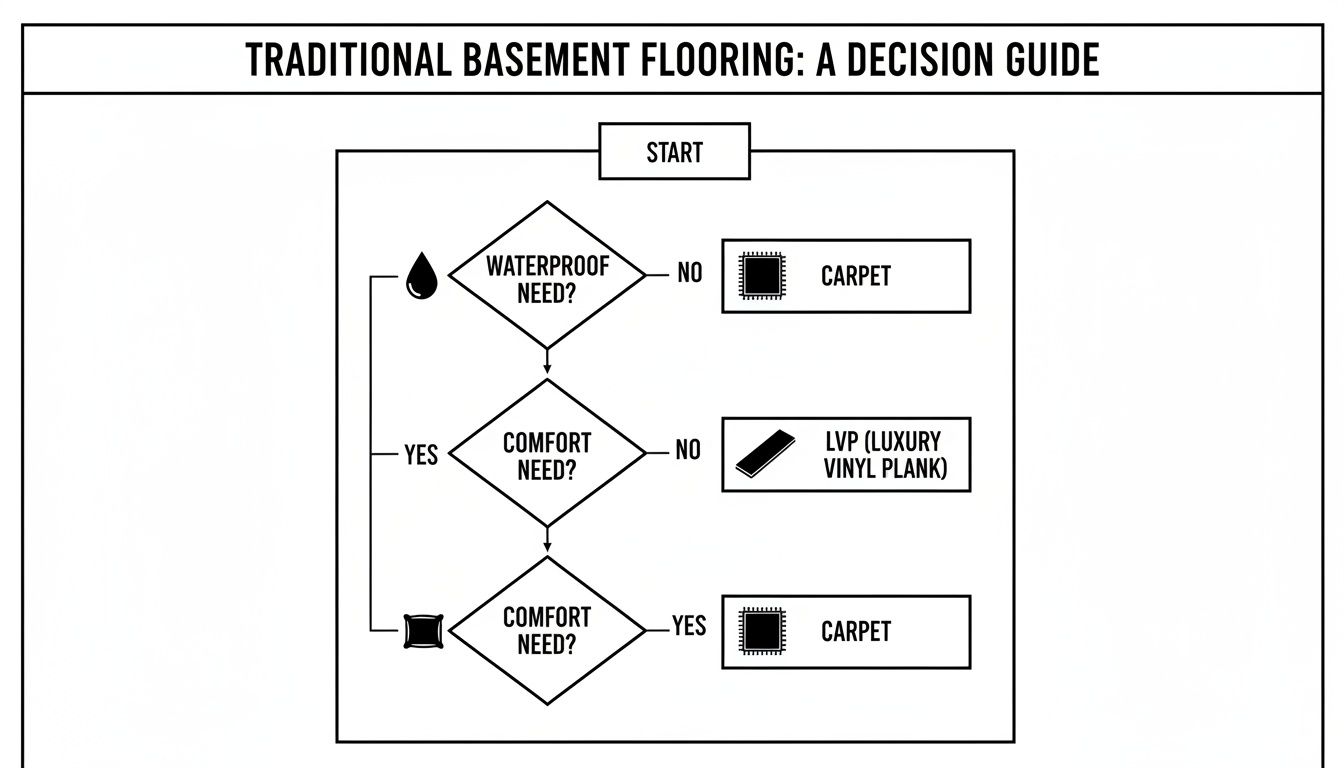 A flowchart guiding traditional basement flooring decisions based on waterproof and comfort needs, suggesting carpet or LVP.