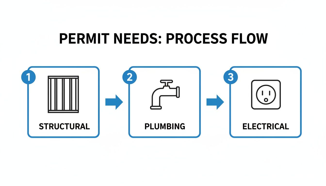 A process flow diagram illustrating permit needs for structural, plumbing, and electrical work.