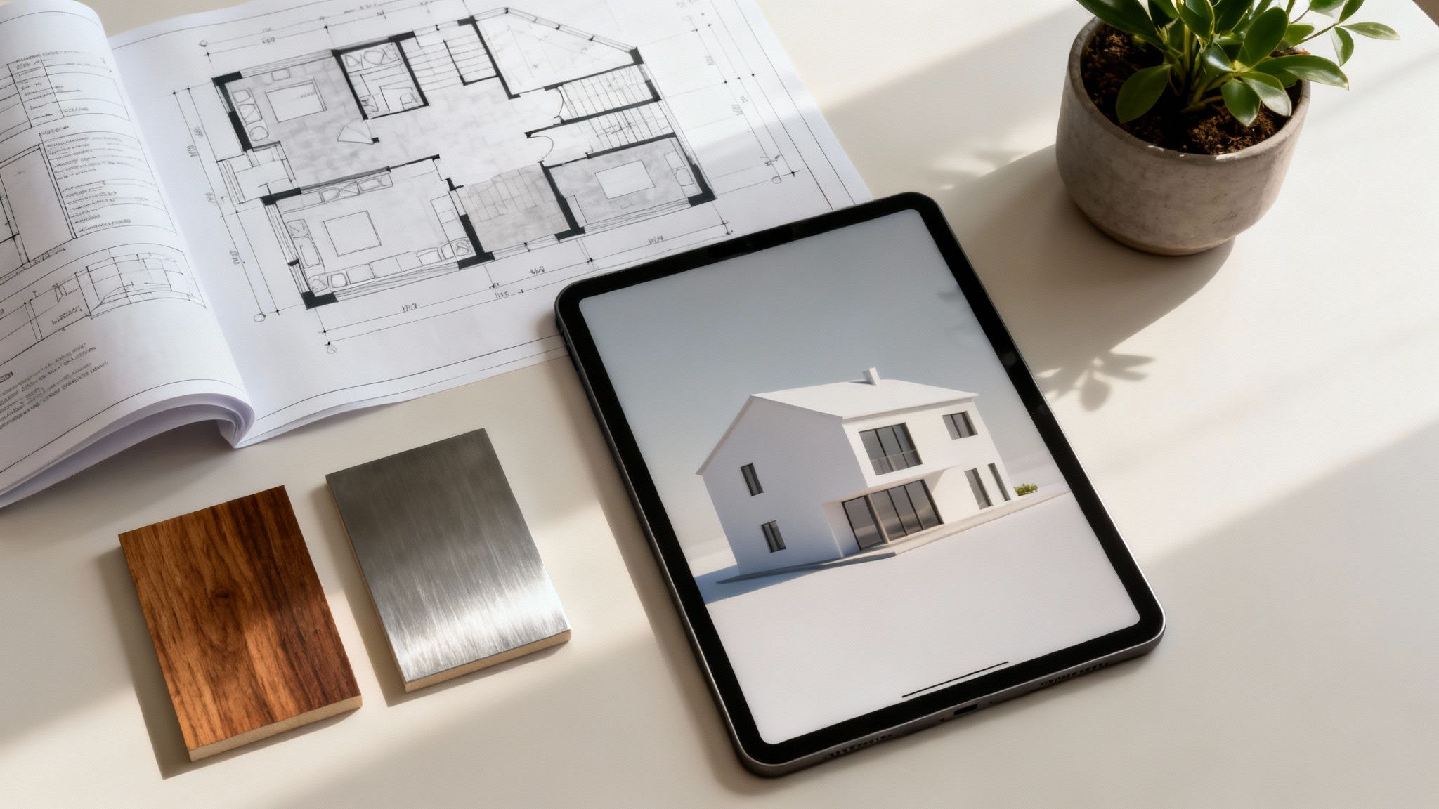 A top-down view of architectural plans, a tablet with a 3D house model, and material samples.