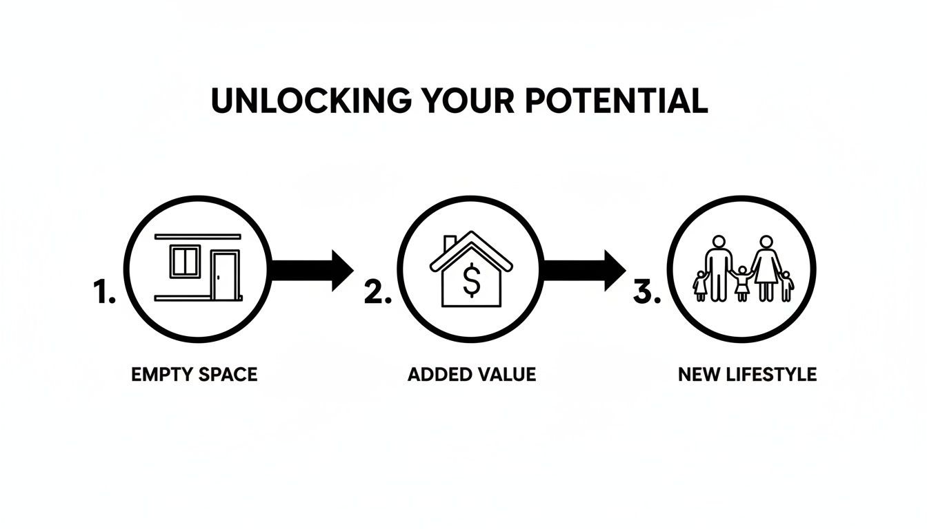Diagram illustrating three steps: empty space, added value (house with dollar sign), and new lifestyle (family icon), titled 'Unlocking Your Potential'.