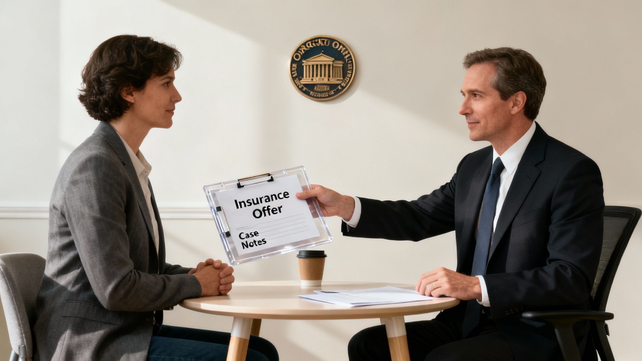 An attorney reviewing case files and talking with a client in a bright office.