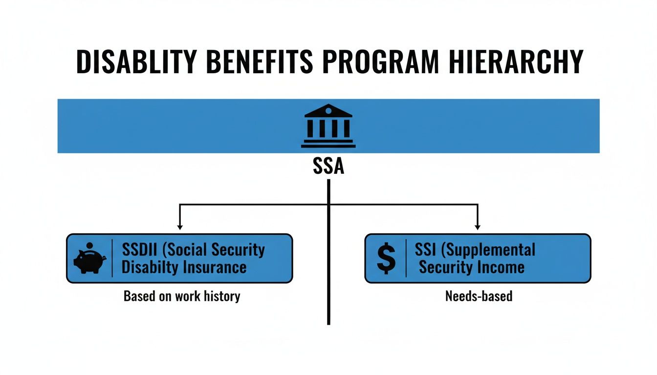 A hierarchy diagram showing the Social Security Administration (SSA) overseeing SSDII and SSI disability benefit programs.