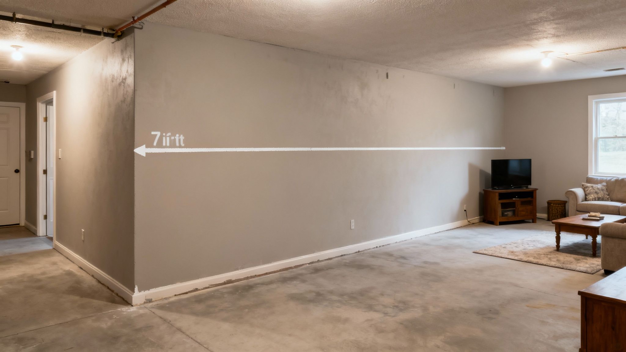 A measuring tape extended from the floor to the ceiling in a modern, well-lit basement.