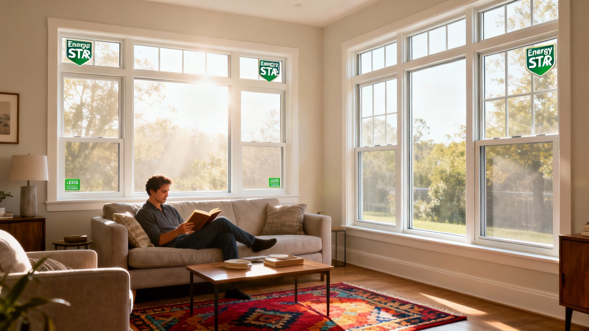 A man reads a book on a living room couch, brightened by large windows with Energy Star logos.