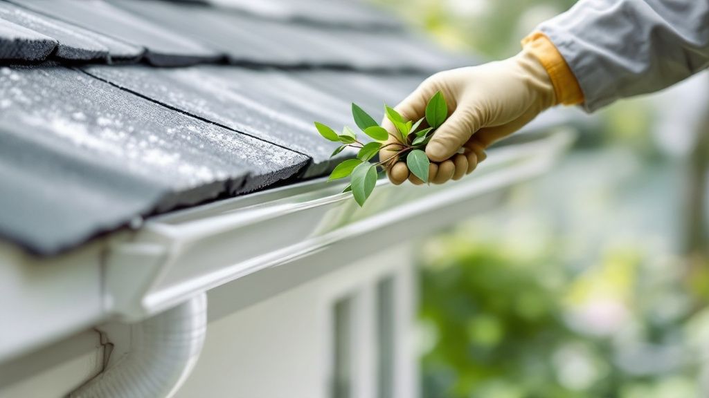 A home's gutter is shown clogged with leaves and debris, with a hand wearing a work glove starting to scoop it out.