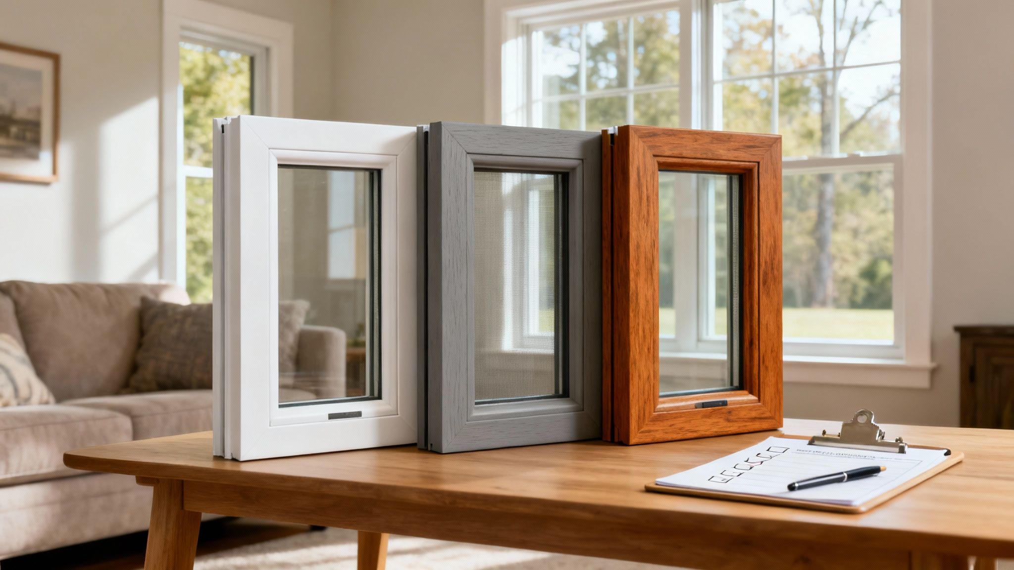 Three replacement window samples in white, grey, and wood-grain finishes displayed on a wooden table.