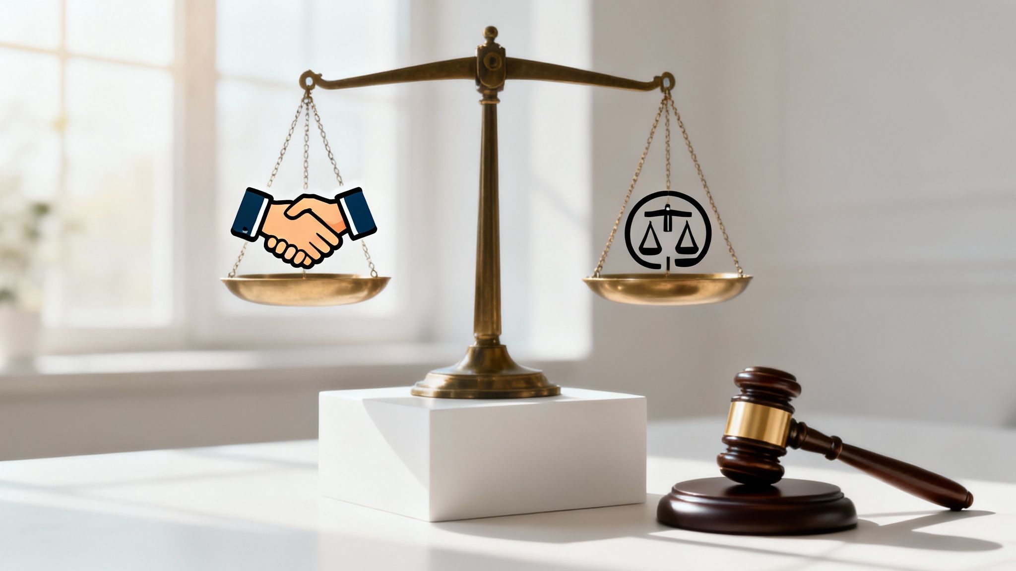 A gavel and a pen on a desk, symbolizing the choice between trial and settlement.