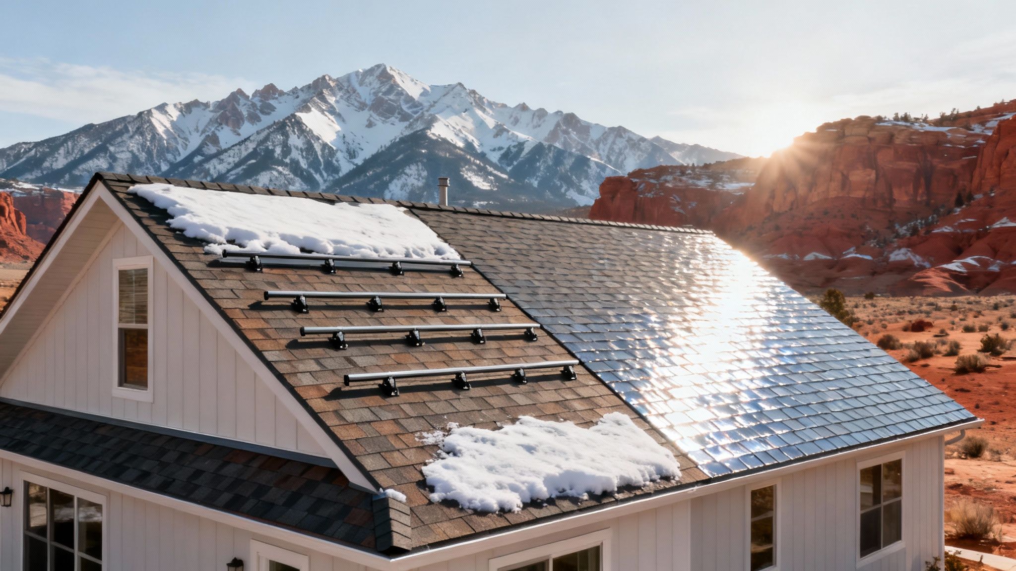 A beautiful home in Utah with a sturdy roof against a mountainous backdrop.