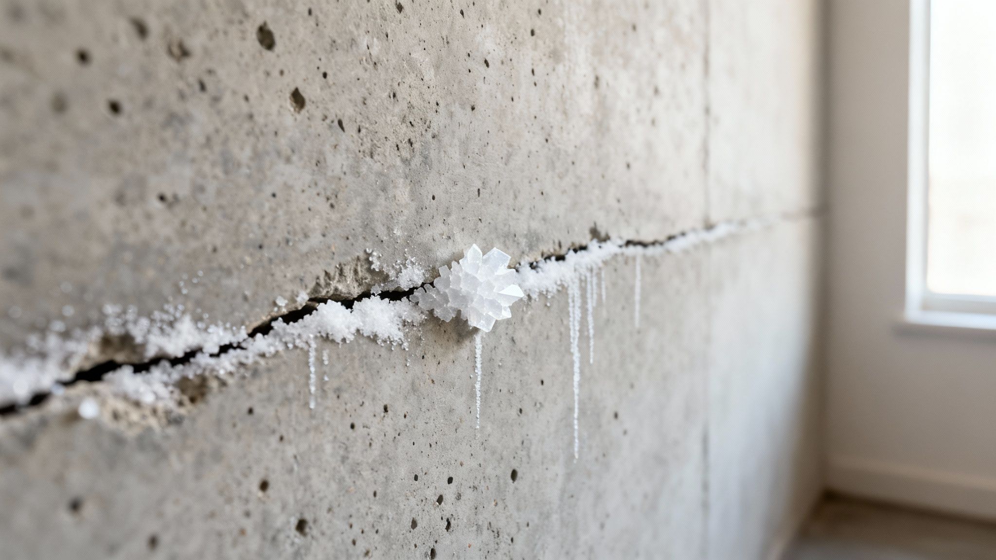 Close-up of a concrete wall with a crack showing white mineral deposits and crystalline formations.
