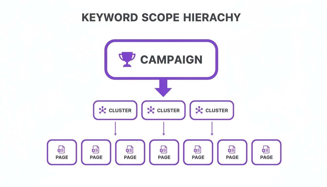 Keyword scope hierarchy chart: Campaign flows down to clusters, which then flow to individual pages.