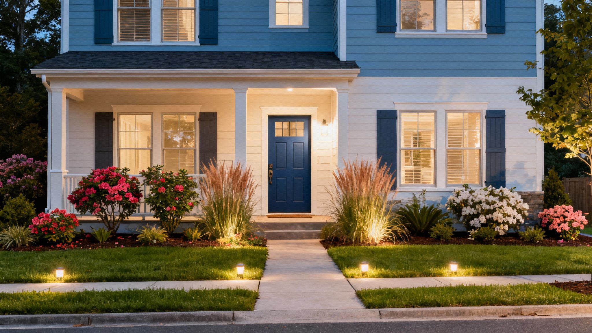 A charming blue and white house at dusk with illuminated porch, vibrant landscaping, and pathway lighting.