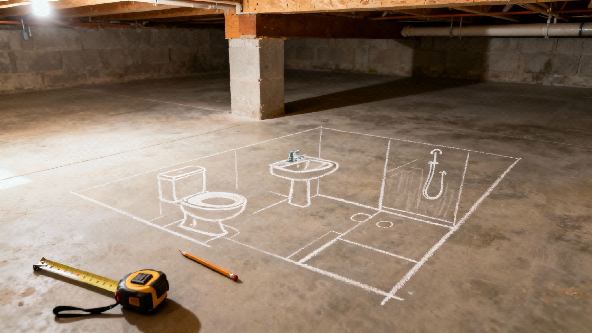 Chalk outline for a new basement bathroom with toilet, sink, and shower, next to a tape measure and pencil.