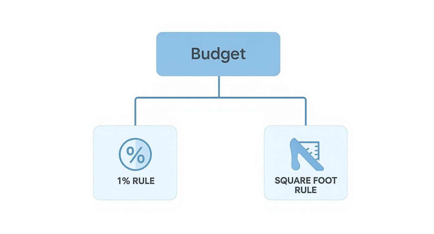Flowchart showing budget calculation methods with one percent rule and square foot rule options