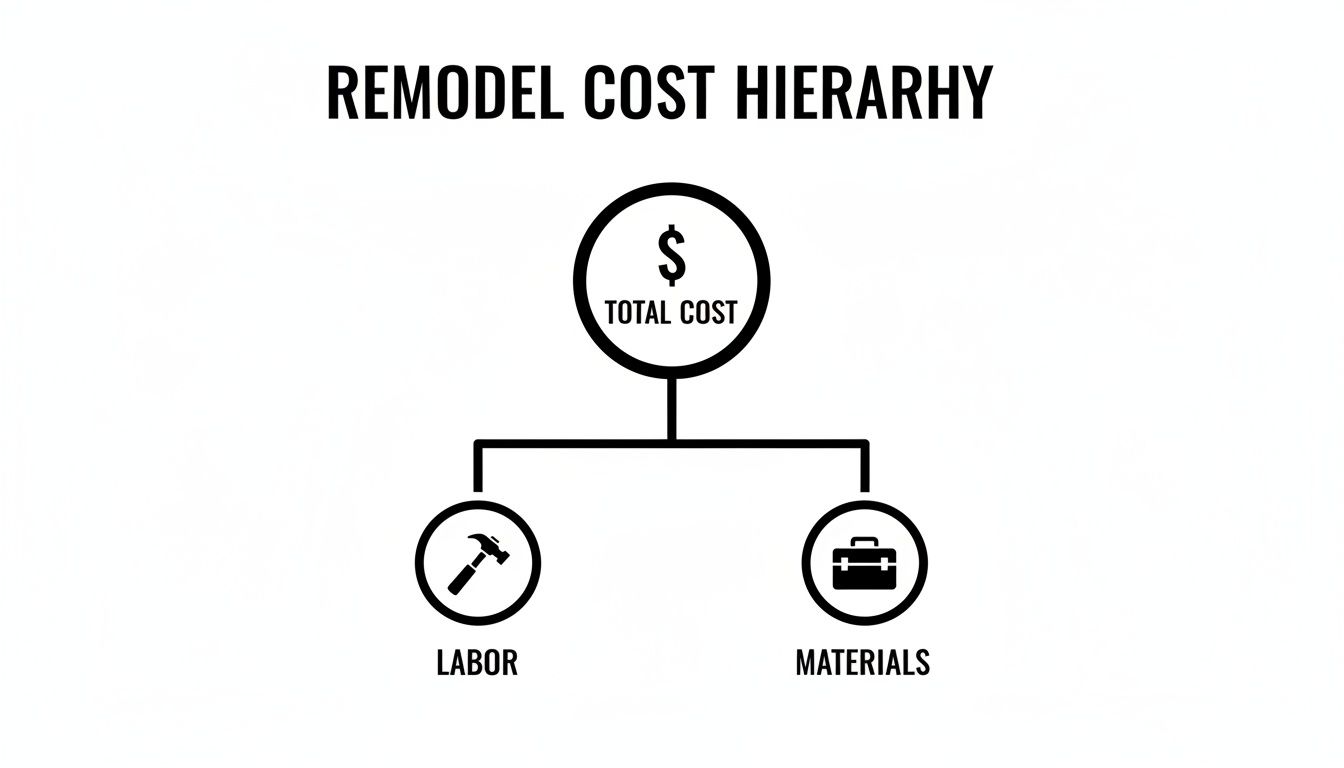 A remodel cost hierarchy diagram showing total cost broken down into labor and materials.