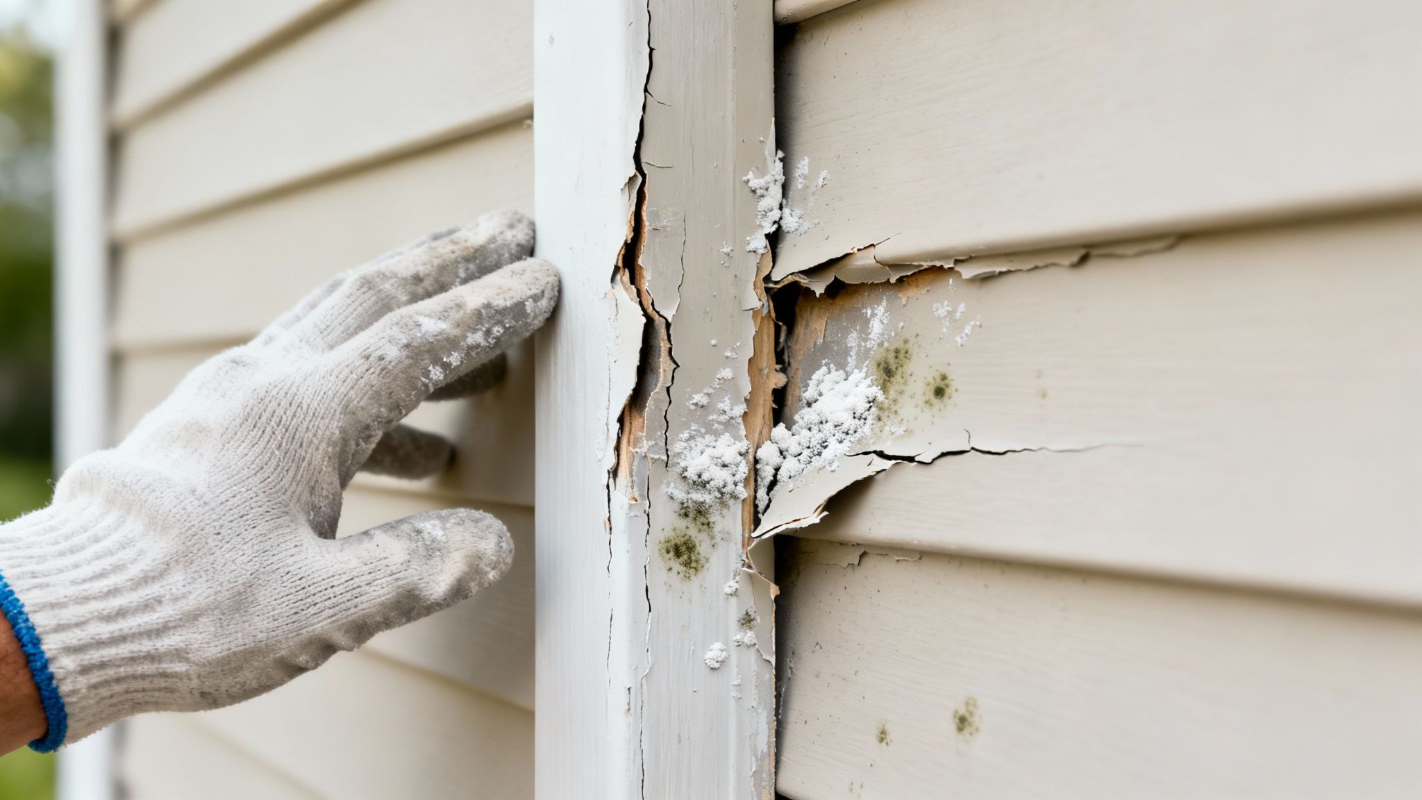 A gloved hand inspects damaged house siding and trim with peeling paint, mold, and exposed wood.