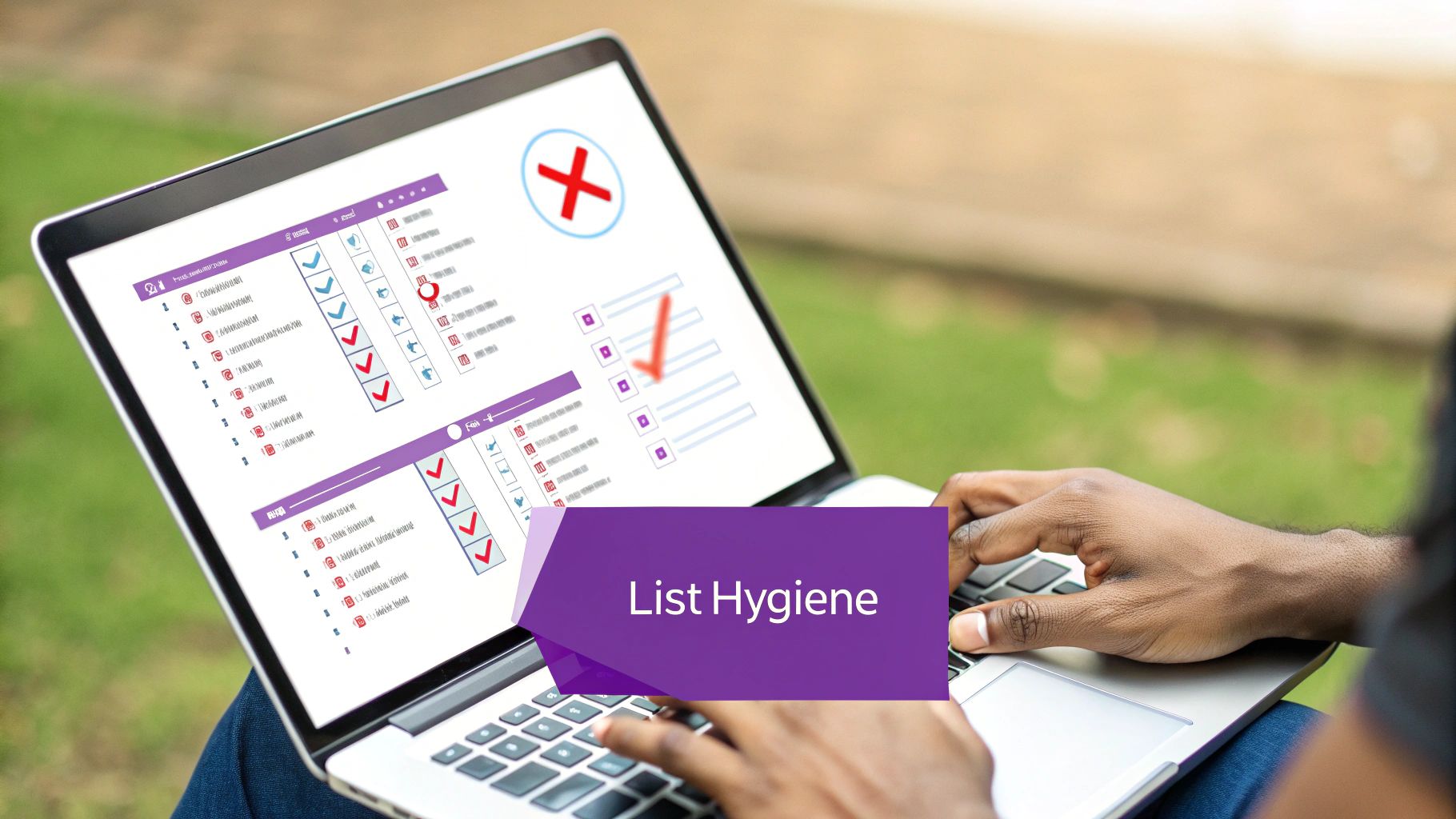 A person uses a laptop outdoors, displaying a checklist and 'List Hygiene' banner.