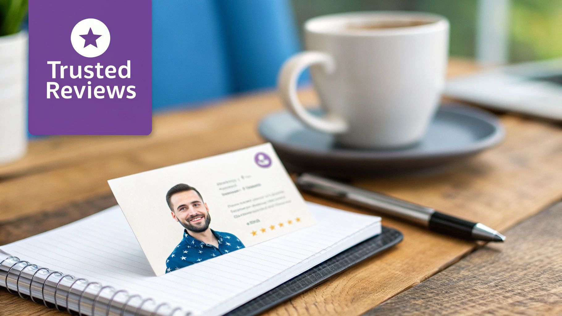 Business card showing a man with 5 review stars and a 'Trusted Reviews' badge on a wooden desk.