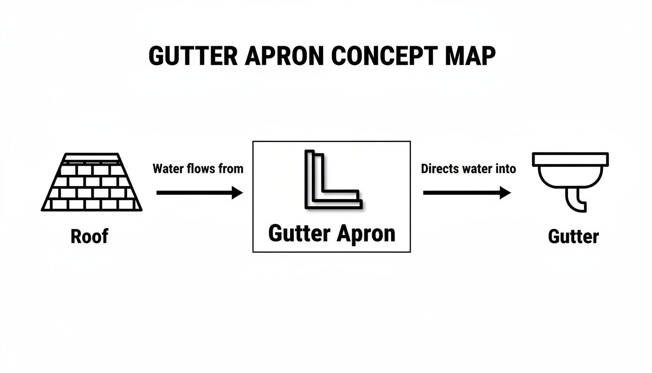 A concept map illustrating water flow from a roof to a gutter apron, then into a gutter.