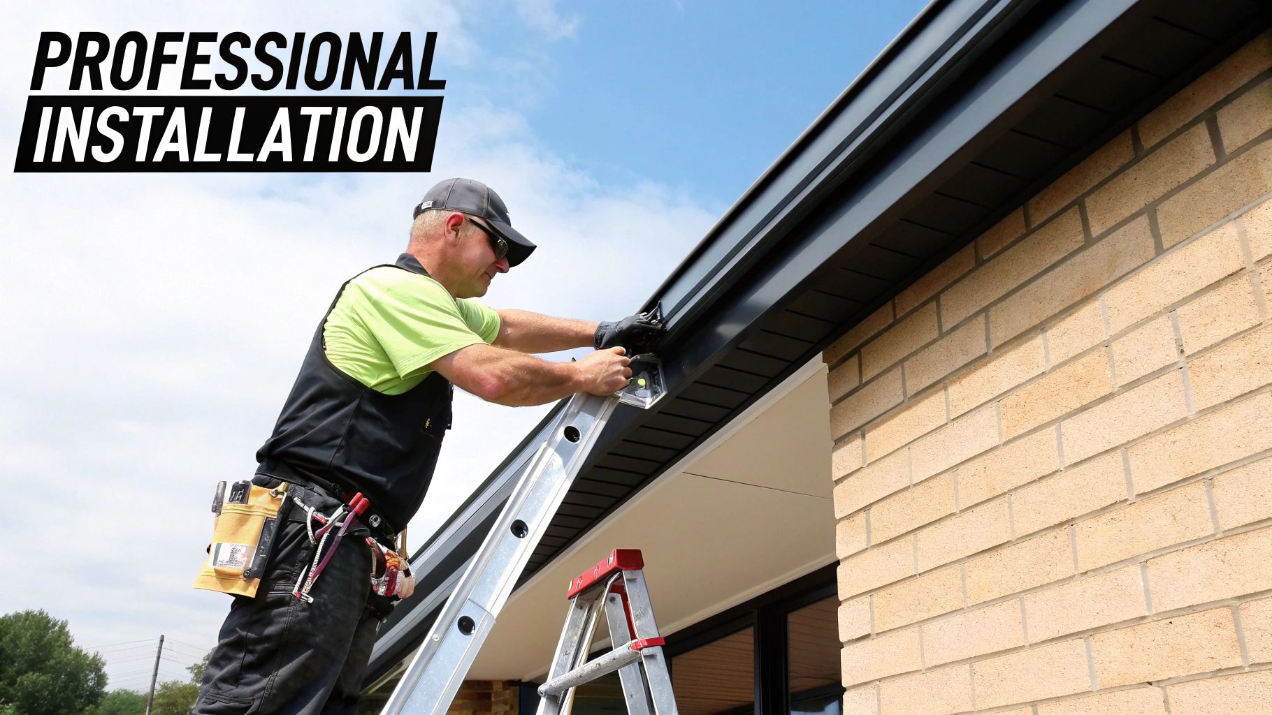 A man on a ladder professionally installing a new 6-inch gutter system on a brick house.